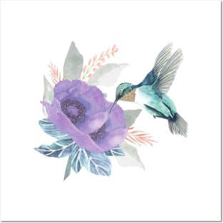 Humingbird and purple flower in watercolor Posters and Art